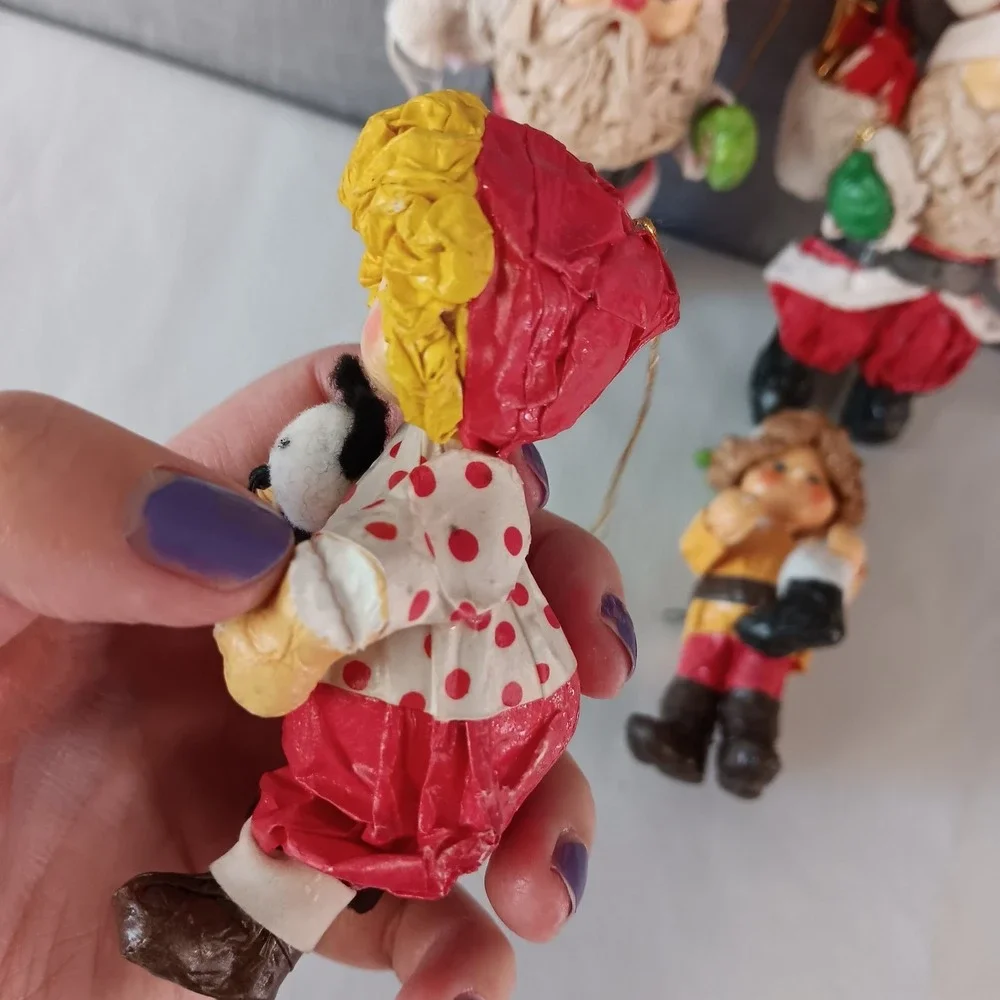 Vintage Paper Mache Christmas Ornaments Set 4 Santa Elf Folk Art Figures‎ Retro